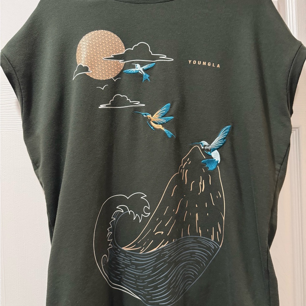 YoungLA Forest Green Tee with Embroidered Hummingbirds